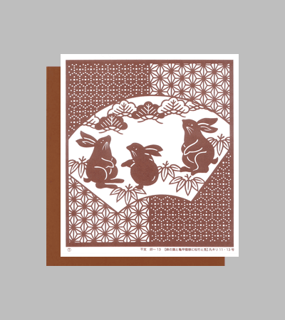 干支の型紙付き図案：卯-１３【麻の葉と亀甲模様に松竹と兎】