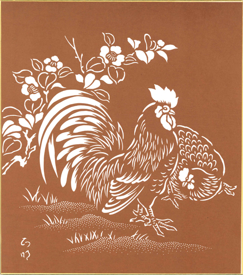 干支の色紙：酉　「椿に夫婦鶏」つばきにめおとどり