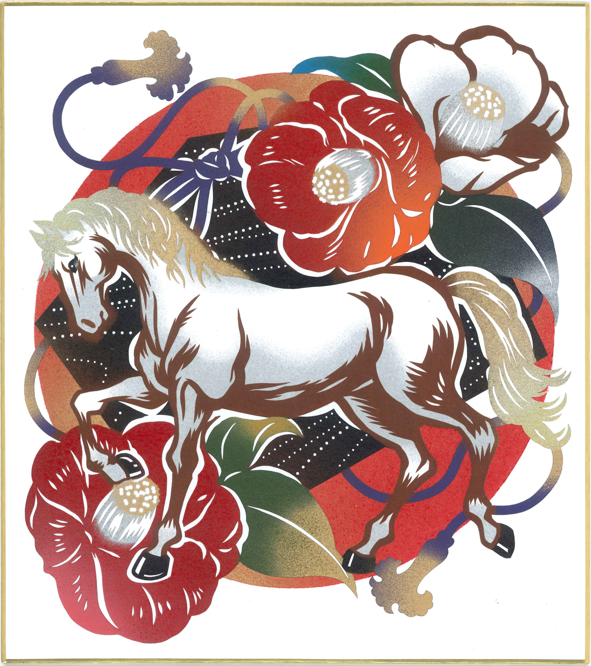 干支の色紙：午　「紅白椿に優馬」