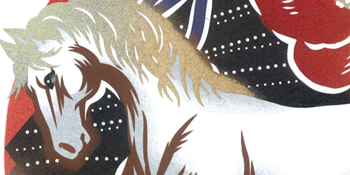 干支（午）の色紙「紅白椿に優馬」部分拡大