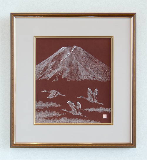 伊勢型紙の額：富士と三羽鶴
