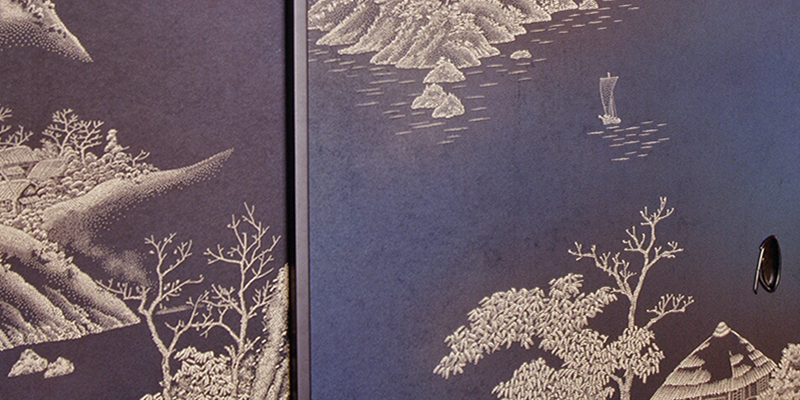 伊勢型紙を利用した建築作品：襖「四季山水」部分拡大