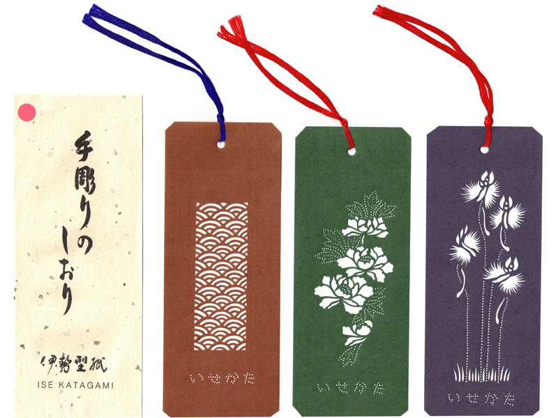 小紋と花のしおり（手彫り・3枚組）青海波・牡丹・鷺草